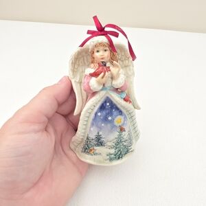 Roman Angel Figurine with Red Ribbon 5in Porcelain Ceramic